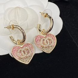 Heart Dangle Earrings 18k gold-plated ring hook with Swarovski pink rhinestones Female designer earrings set off women's youthful 220G