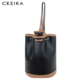 Bag CEZIRA Brand Fashion Patchwork PU Vegan Leather Handbags For Women Stylish Drawstring Bucket Bags Female Casual Big Shoulder