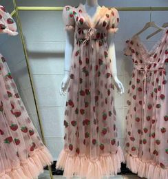 Women Sequin Strawberry Maxi Dress Summer Embroidery Mesh Lace Up High Waist Long Dress2294596
