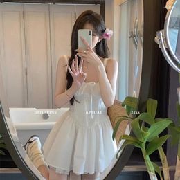 Casual Dresses Korea Style Solid Color Kawaii Lace Patchwork Suspender Mini Dress Women 2024 Autumn Elegant Square Neck Sleeveless Tunic