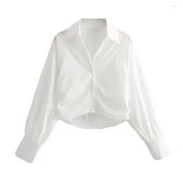 Women's Blouses Zach Ailsa 2024 Spring Product Simple V-shaped Flip Collar Long Sleeve Folded Decoration Short Poplin Shirt