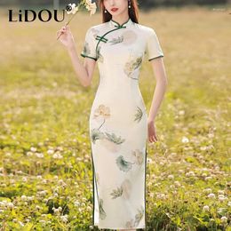 Party Dresses Summer Elegant Fashion Chinese Style Vintage Bodycon Dress Ladies Short Sleeve Temperament Frog Cheongsam Women Robe Vestido