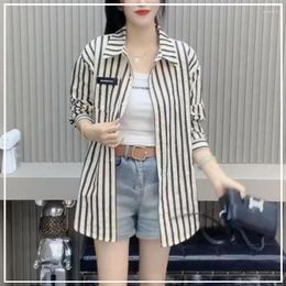 Women's Blouses 2024 Spring And Summer Casual Loose Fitting Fashion Versatile Lapel Striped Print Long Sleeved Sun Protection Outerwear