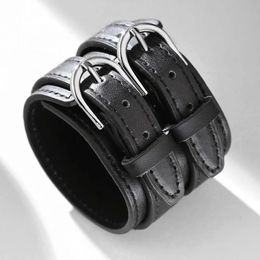 Fashion Male Genuine Leather Bracelet Friendship Big Wide for Men High Quality Buckle Adjustable Vintage Punk Jewellery 240423