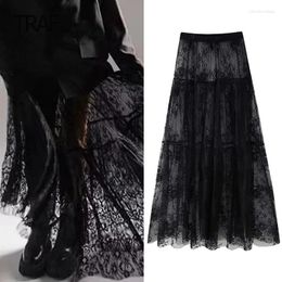 Skirts Women's Skirt Summer 2024 Mesh Black Midi See-Through Tulle Long Gothic Luxury Elegant