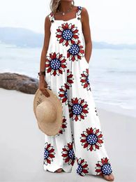 Women Jumpsuits Summer Fashion Boho Floral Print Overalls Casual Rompers Pockets Wide-Leg Pants Female Beach Jumpsuit 240429