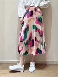 Skirts Autumn Pleated Skirt Contrast Colour High Waist Vintage Female Jupe Midi For Women