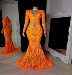 Sparkly Plus Size Prom Dresses 2021 Vneck Long Sleeve Orange Sequined African Black Girls Mermaid Evening Occasion Dress2534752