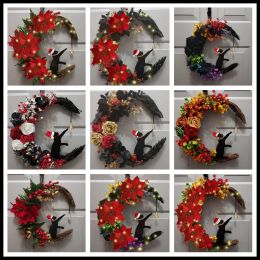 Wreaths Christmas Wreath Door Hanging Wall Decoration Pendant Moon Shaped Cat Is Wearing A Christmas Hat Garland Dried Flower Party