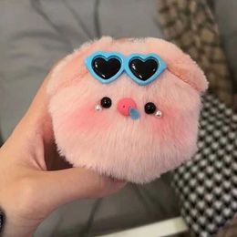 Keychains Lanyards Squeak Cute Pearl Pig With Sunglasses Plush Doll Keychain Creative Kaii Fluffy Soft Stuffed Toy Backpack Pendant For Kids Gift