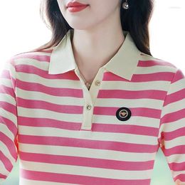 Women's Polos Women Summer POLO T-Shirt Causal Cotton Long Sleeve Lady T Shirt Striped Female Trendy Fashion Top Tee