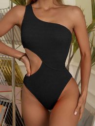 Women's Swimwear 2023 New Sexy Solid Ribbed One Piece Swimsuit Women Swimwear Female One Shoulder Bathing Suit Summer Beach Wear Monokini Bathers Y240506