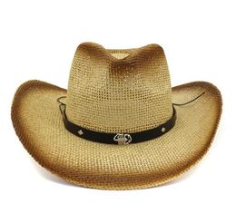 Women Brown Spray Paint Cowboy Straw Hat Belt Metal Scorpion Decor Ladies Wide Brim Sun Visor Cap Casual Beach Sunhat8749366