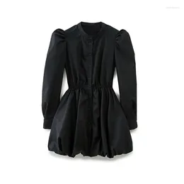 Casual Dresses YENKYE 2024 Women Front Button Black Short Dress Long Balloon Sleeves Elastic Waist Female Vintage