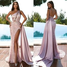 Straps Prom Dresses Pink Mermaid Evening Dress Sequins Beads Thigh Split Pleats Formal Long Special Ocn Party Dress