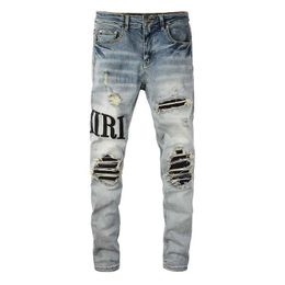 Men's Jeans Mens Jeans Light Blue Distressed Patch Streetwear Slim Embroidered Leather Letter Pattern Damaged Skinny Stretch Ripped Jeansc9rq