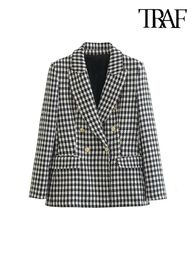 TRAF Women Fashion Double Breasted Houndstooth Blazer Coat Vintage Long Sleeve Flap Pockets Female Outerwear Chic Vestes 240507