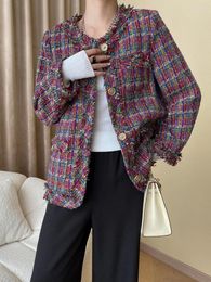 Women's Jackets Fall Winter Women Red Plaid Tweed Coat High Quality Vintage Tassels Loose Casual Elegant Office Fragrance Jacket