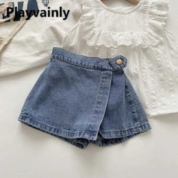 Shorts Korean Style New Summer Kids Girl Solid Color Elastic Waist Button Soft Denim Culotte Children Versatile Clothing H240507