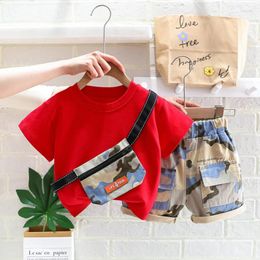 Clothing Sets 2pcs /fashion S Summer 2024 Cute Camouflage Satchel O-neck Kids Stripes Shirt Simple Shorts Boys