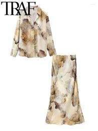 Work Dresses Thin Satin Tie Dye Print Women Loose Shirt Suits 2024 Spring Long Sleeve V Neck Blouse Female Midi Skirt Sets Y2K