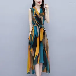 Casual Dresses Korean Vintage Printed Waist Midi Dress Women's Clothing Elegant V-Neck Summer Sleeveless A-Line Fashion Irregular Hem