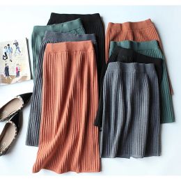 Dress Elegant Midi Pencil Skirts knitti High Waist For Wrok Skirt Slit Brick red gray Green Orange elastic OL Skirts Womens