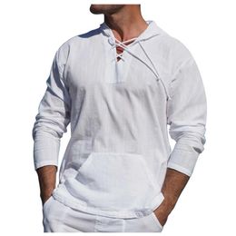 Men's Polos Mens hoodie spring/summer casual fashion cotton linen shirt classic solid color lace V-neck long sleeved loose fitting shirtL2405