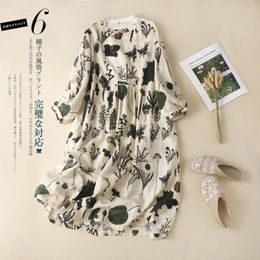 Casual Dresses Beige Leaf Printing Vintage Cotton Linen A-Line O-Neck Loose Women's Dress Korean Fashion Mid-Calf For Women 2024 Spring