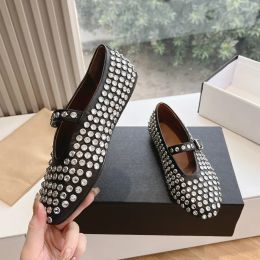 Designer Shoes Ballet flat shoes Round Head Rhinestone Stud embellished Buckle Strap women's luxury Brand Leather factory