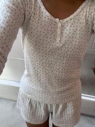 Sıradan Elbiseler Kadın Kaburga Örme Pijamalar Seti Çiçek Baskı Uzun Kollu T-Shirts Şort Eşleşen 2 Parça Kıyafet Salonu Setleri