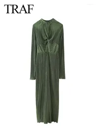 Casual Dresses Women Long Sleeve Pleated Dress Spring Female Elegant Chic Slim Back Zipper O-Neck Vintage Folds Mujer