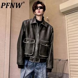 Men's Jackets PFNW PU Leather Jacket High Street Turn-down Collar Large Pockets Baggy Male Short Coat Solid Color Fashion Tide 9C4883