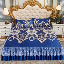 Bed Skirt 2/3 Pieces Of Retro Luxury Ice Silk Mat Set (Bed 1 Pillowcase 1/2 Without Core) Foldable Lace Edge Jacquar