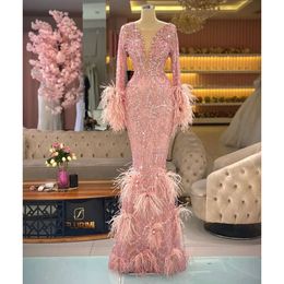 V-Neck Prom Feathers Mermaid Dresses Sequins Gorgeous Sleeves Pearls Lace Tulle Floor Length Zipper Custom Made Formal Party Dress Vestido De Noite