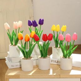 Decorative Flowers 3Heads Artificial Tulip Flower With Pot Fake Plants Plastic Potted Bonsai Home Office Desktop Decor Wedding Party Decora