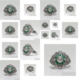 Solitaire Ring Diwenfu Pure S925 Sterling Sier Cor Natural Emerald Gemstone Mulheres 925 Jóias Almofada Zircônia Garnet Bizuteria Drop Dhtlz