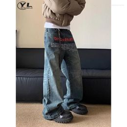 Men's Jeans Vintage Letter Printed Men Women American Washed Distressed Straight Jean Pant Street Hip Hop Gothic Wide Leg Trousers