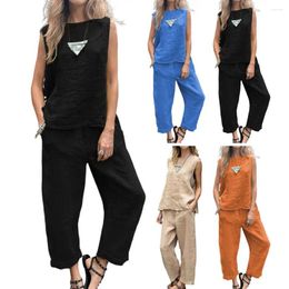 Women's Two Piece Pants Women Vest Set Sleeveless Round Neck Loose Top Elastic Waist Side Pockets Trousers Casual Sport Clothes Daily Outfit