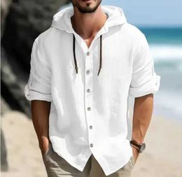 Men's Polos Summer mens linen shirt solid street clothing long sleeved hoodie cardigan mens button top casual loose mens hoodieL2405