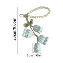 Keychains Lanyards Ins Style Wool Crocheted Lanling Flower String Keychain Cute Girl Pearl Chain Key Chain Handmade Knitted Bag Pendant Charms Gift