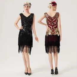 Casual Dresses Women's Fashion Sequins Slim High Waist Dress 2024 Spring Autumn Vintage Elegant Sleeveless V-neck Tassel