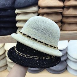 Wide Brim Hats 202403-near-df Ins CHIC Summer Sequin Breathable Yarn Fashion Chain Lady Sun Cap Women Beach Leisure Hat