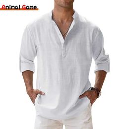 Men's Polos New cotton linen mens casual shirt lightweight long sleeved Henry Beach shirt Hawaiian mens shirtL2405