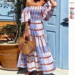 Designer Dress New Women's Elegant Off Shoulder One Line Neck Stripe Ruffle Sleeve Large Swing Dress Spring Plus size Dresses