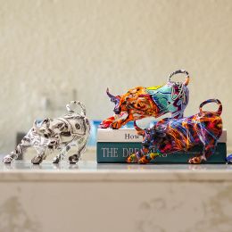Sculptures Wall Street Bull Painting Resin Statue Office Living Room Interior Home Decor Stock Market Mascot Cow Animal Figurines Ornament