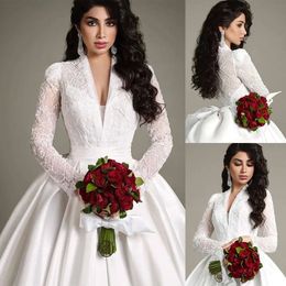 Mermaid Long-Sleeves Gowns Elegant V-Neck Bridal Deep Custom Made Race Wedding Dresses Court Train Satin Ruched Tulle Beach Vestido De Noiva