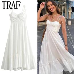 Casual Dresses Ruffle Bow Strappy Slip Women's Dress Summer 2024 White Sleeveless Backless Elegant Birthday Luxury