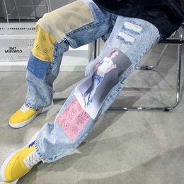 Men's Jeans Y2K denim patch design for mens loose and distressed jeans Korean Coloured contrasting mens pants unisex street denim Trousers 2023 fashionL2405