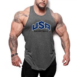 Men's Tank Tops Usa Basketball Letter Slveless Shirt Gym Bodybuilding Fitness Muscle Y-back Singlet Cotton Breathable Loose Mens Vests Y240507